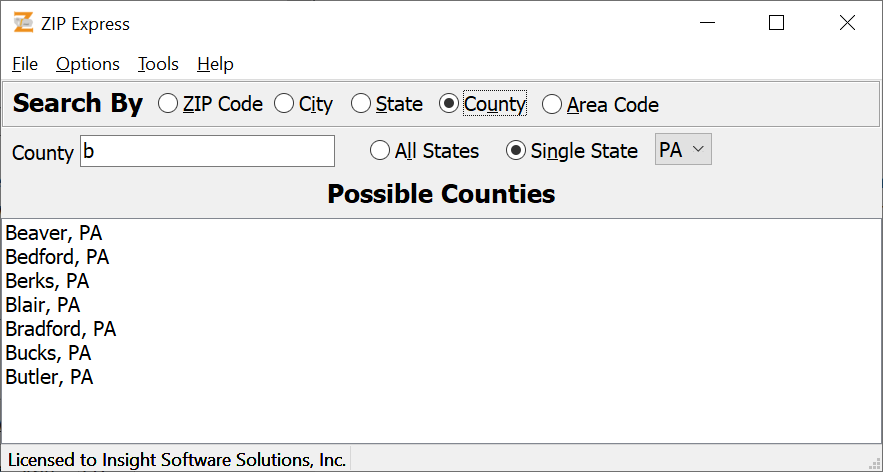 Search by County dialog